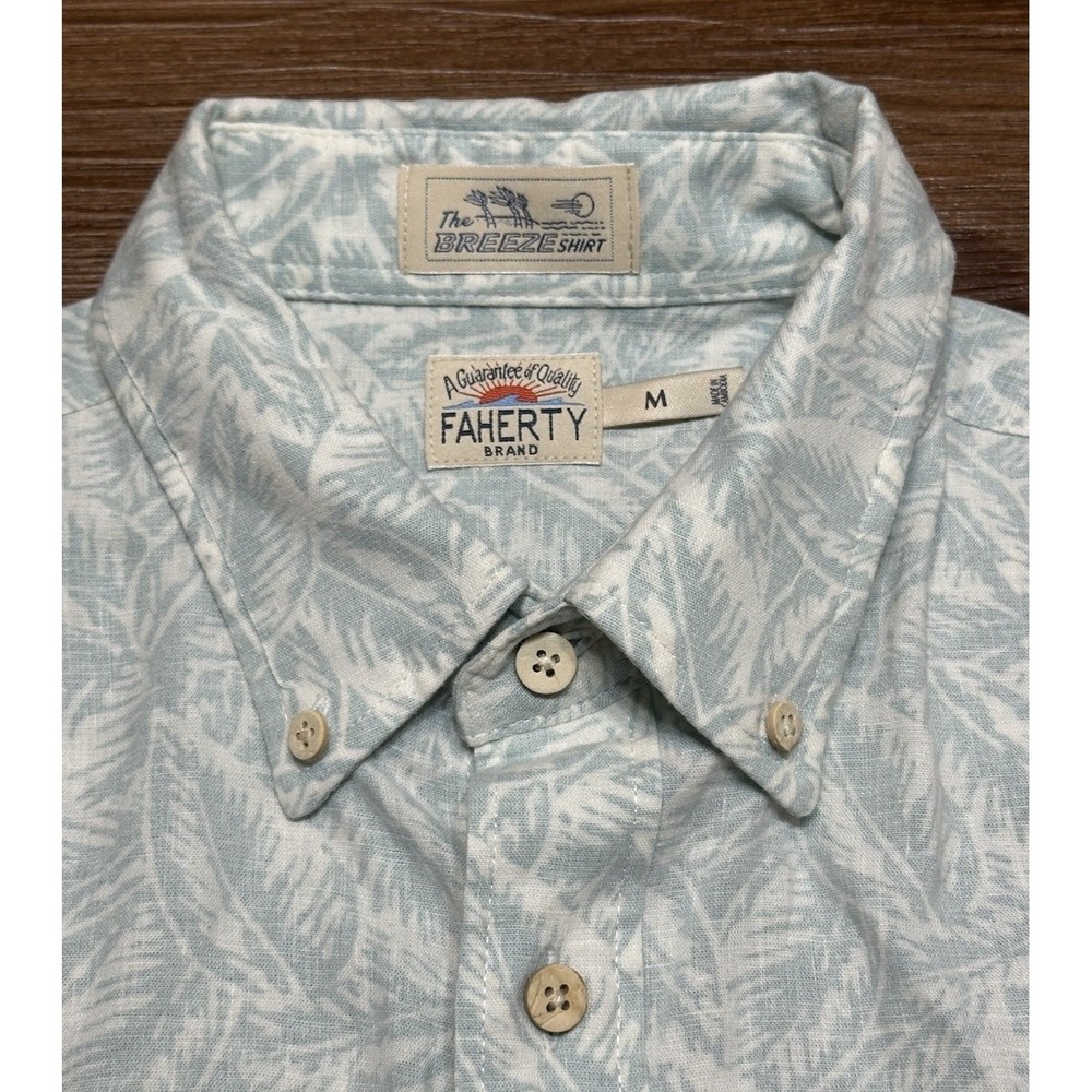 Faherty The Breeze Short Sleeve Sleeve Sky Foliage Leaves Linen Blend Shirt Sz M - Picture 4 of 10